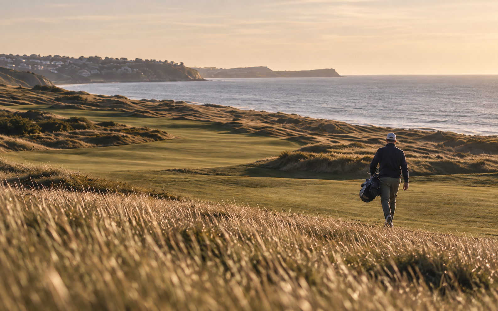 A golfer walks towards the fairway of a coastal course in the evening light.
