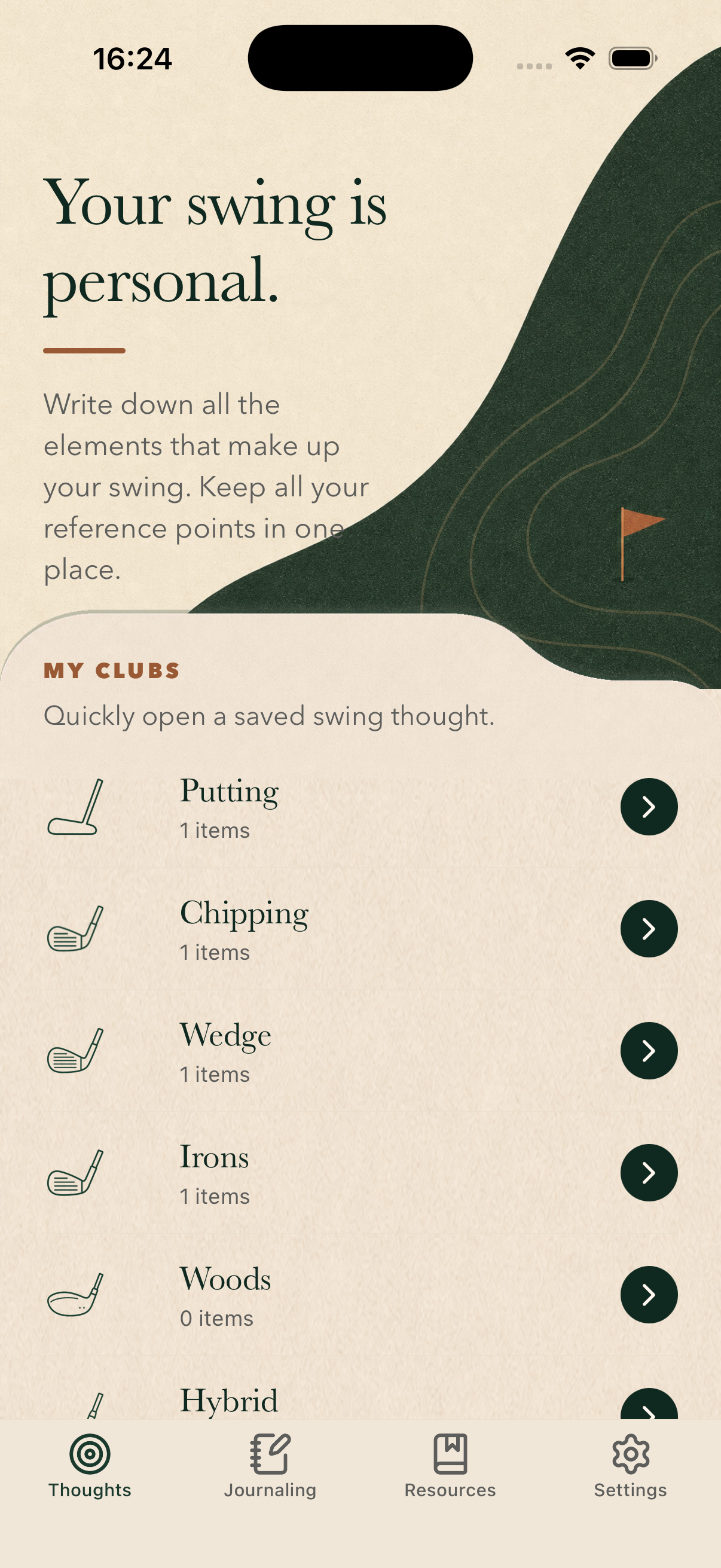 Golfet: your swing thoughts organized by club, from putting to woods.